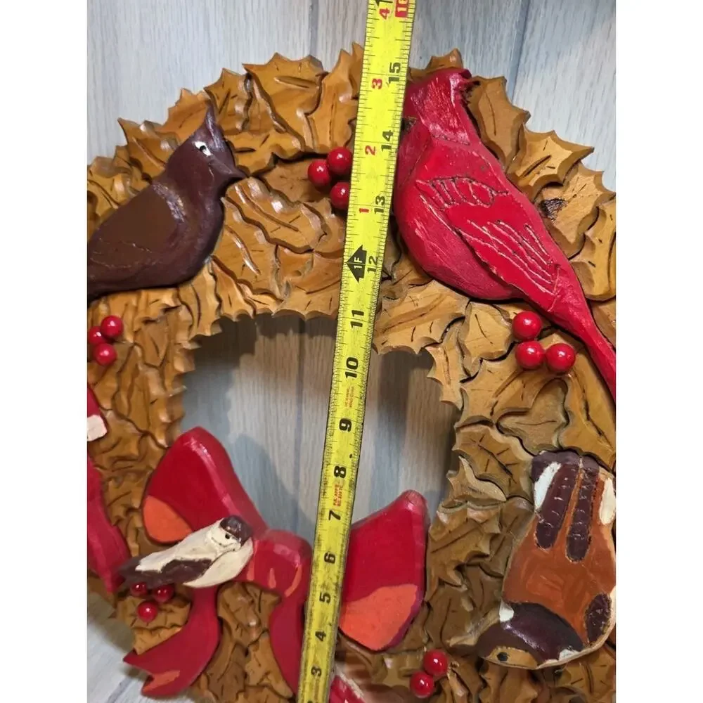 Vtg 2004 Handmade Wood Christmas Wreath Cardinals Birds Holiday Farmhouse 15
